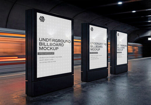 Three Billboard Screens In Dark Subway Underground Mockup