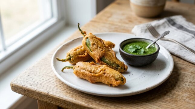 Crispy golden fried chili peppers served with fresh green dipping sauce on a rustic wooden table