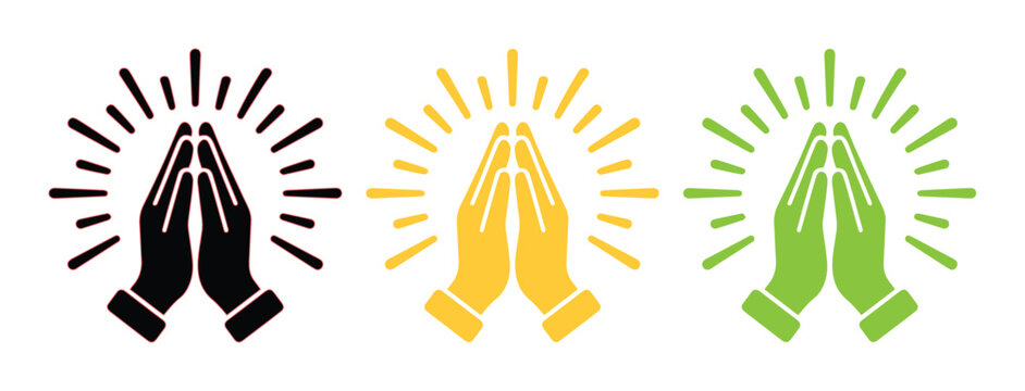 Praying hands vector icons set, religious prayer gesture with divine light rays, spiritual meditation and namaste symbols in black yellow and green
