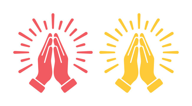 Praying hands vector icons in red and yellow, religious prayer symbols with divine light rays, spiritual namaste gesture graphics for worship