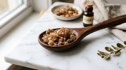 Fototapeta premium Natural resin crystals on a wooden spoon, with essential oil bottle nearby, highlighting aromatherapy ingredients.