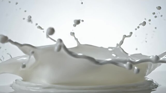 A dramatic, dynamic splash of white liquid frozen mid-air, creating abstract shapes