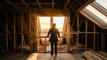 Fototapeta premium Builder silhouette framed by expansive skylights in unfinished attic during golden hour