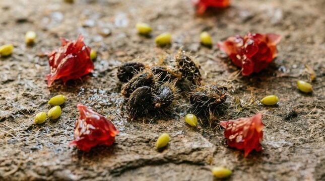 Close-up view of tangy blood orange slices and fuzzy kiwi seeds on a textured stone surface