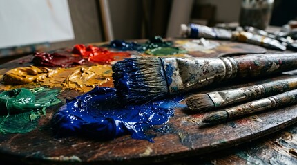Fototapeta premium Artist's palette with vibrant oil paints and worn brushes, ready for creative expression.