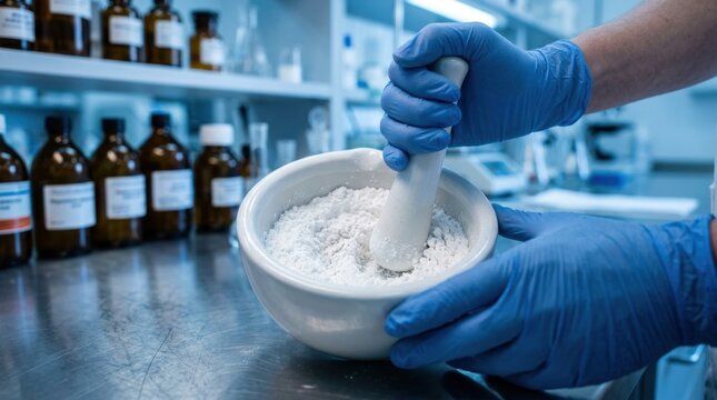 Scientist's hands in blue gloves meticulously grinding fine white powder with a mortar and pestle in a brightly lit laboratory.