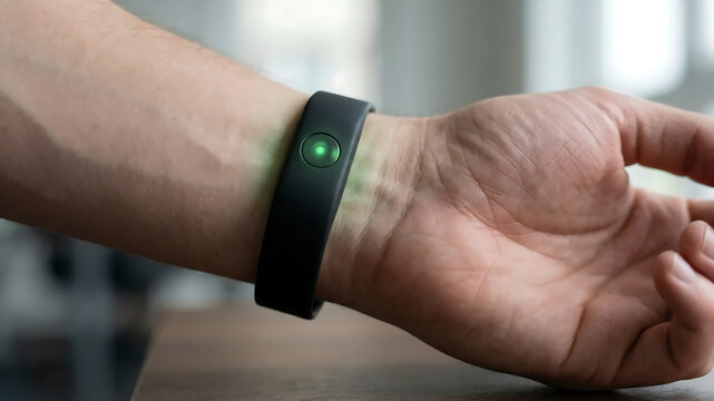 Extreme Close Up of Male Wrist Wearing Sleek Generic Bio Feedback Band Emitting Soft Green Pulse