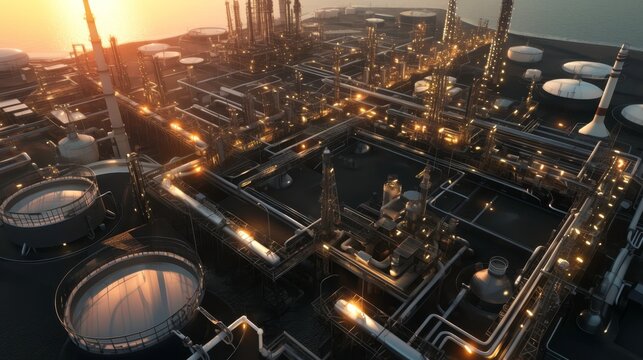 Aerial View of Modern Oil Refinery at Sunset with Industrial Lighting