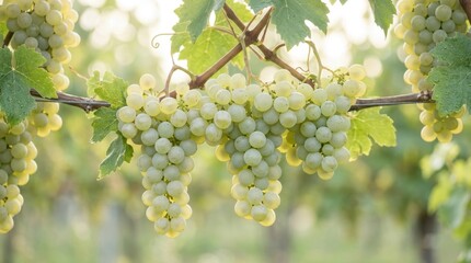 Fototapeta premium Clusters of Ripe Green Grapes Hanging from a Vine in a Vineyard