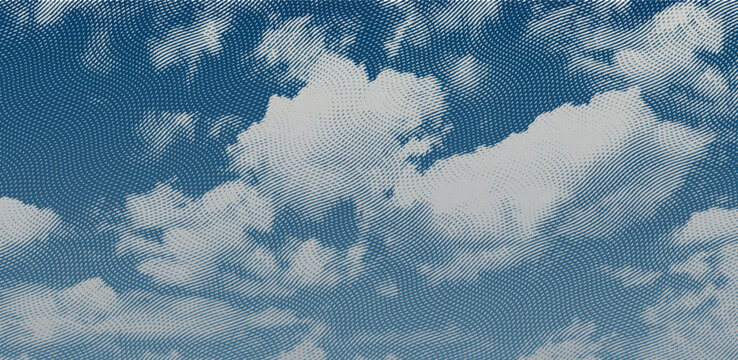 Abstract vector vintage engraving clouds with blue woodcut texture. Stylized sky with curved hatching lines and retro organic dither pattern.