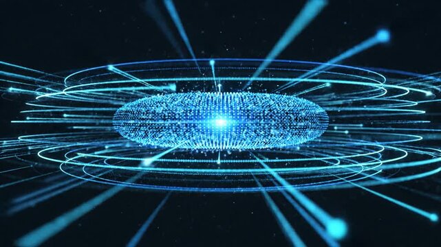 Abstract Blue Energy Core Rotating with Light Trails and Particles in Dark Space