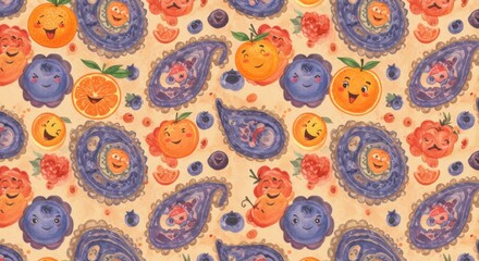 Naklejka premium Whimsical Fruit Faces A Pattern of Playful Oranges Berries Paisley