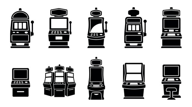 Collection of diverse black silhouette icons representing various slot machines, symbolizing casino entertainment, gambling, and luck.