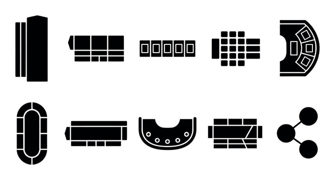 A collection of black silhouette icons depicting various abstract geometric shapes often representing meeting tables or seating arrangements, isolated on a white background.