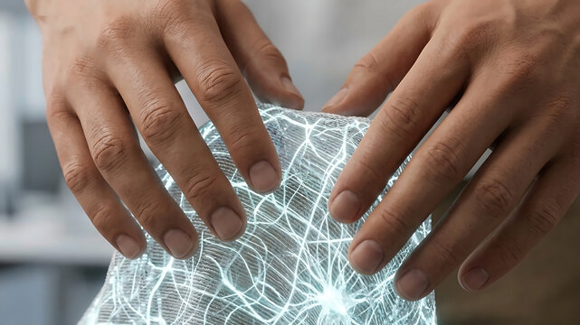 Extreme Close Up of Diverse Male Hands Feeling Sample of Digital Smart Fabric with Glowing Fibers