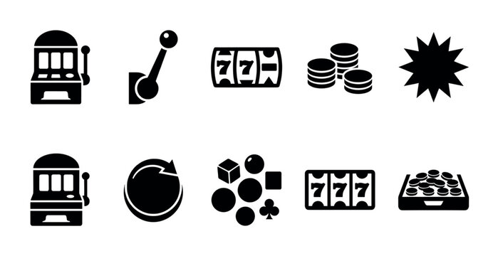 A collection of black casino and gambling icons including slot machines, lucky sevens, coins, dice, and a lever, presented on a white background.