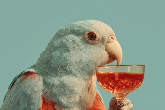 Parrot Drinking Cocktail with Orange Liquid.