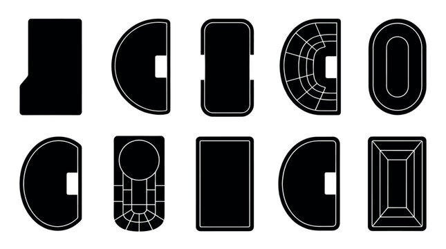 Collection of black and white silhouette icons representing various stadium and track designs, offering versatile design elements for sports or architectural concepts.