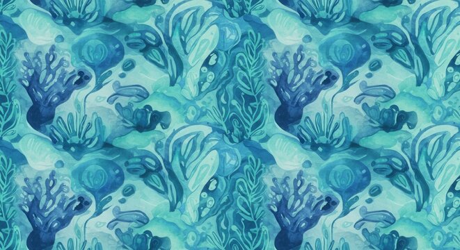Whimsical watercolor seabed pattern with corals seaweed  tiny fish