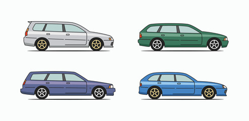 Naklejka premium Estate cars cartoon logo icon vector illustration. Collections of wagon car colorful style icon. Family sport car colored sticker design print