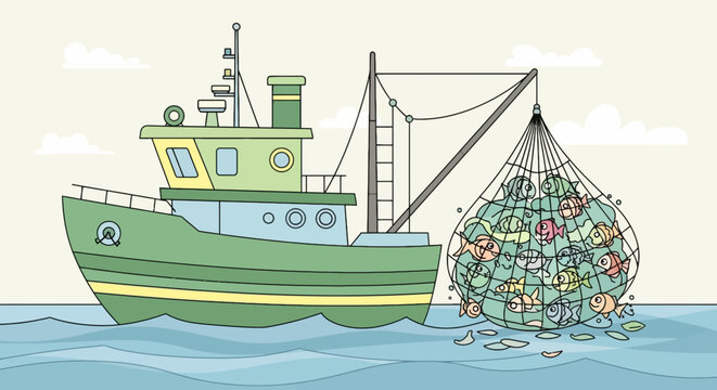 A green fishing boat pulls a net overflowing with colorful fish from blue water