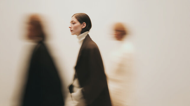 Elegant fashion portrait of woman in motion with soft blur effect, minimalist aesthetic with neutral tones and conceptual sense of movement and identity