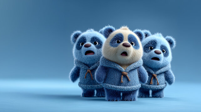 Cute cartoon panda characters wearing cozy sweaters, 3D render of adorable animals with expressive faces on soft blue background