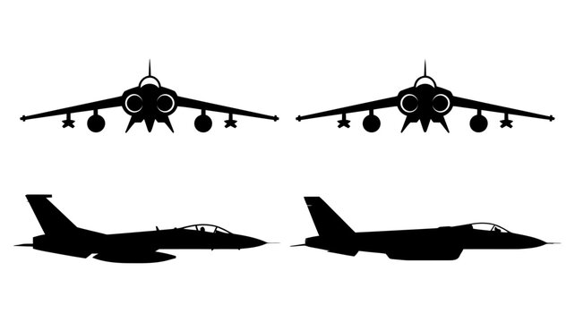 A detailed collection of military aircraft silhouettes shown from various front and side angles.