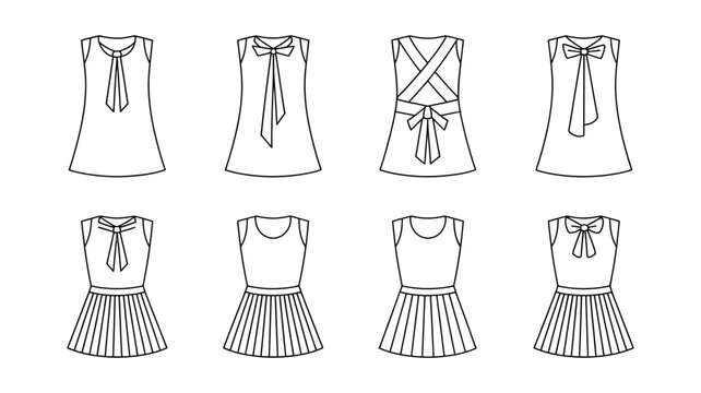 A collection of various simple outline drawings showcasing different dress and skirt designs.