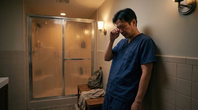 Tired healthcare worker in scrubs wiping eyes in warm bathroom light