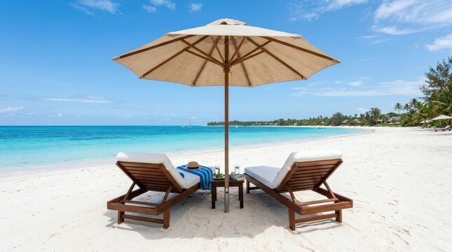 Two wooden lounge chairs and umbrella on a sandy beach with a clear blue ocean and sky