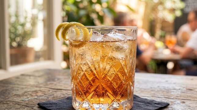 Refreshing amber cocktail with citrus twist served outdoors on a sunny day