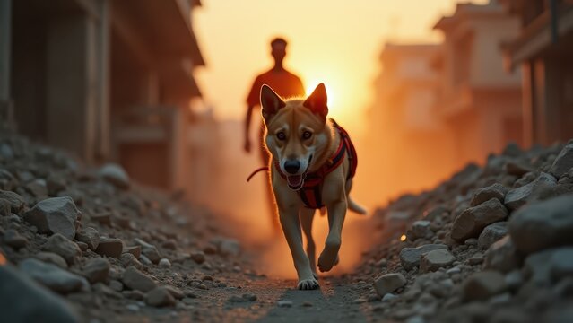 Search and rescue dog running through earthquake rubble with handler at dusk, bokeh dramatic dusty disaster background