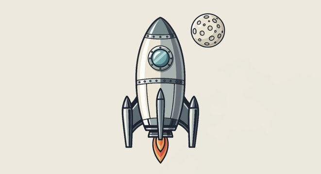 Cartoon rocket ship with fiery exhaust and a cratered moon against a neutral background