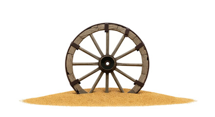 An aged wooden wagon wheel stands partially buried in sand, isolated on a white background © balla