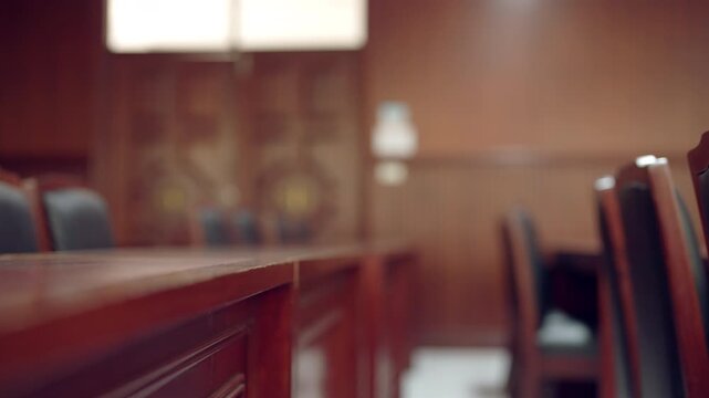 Courtroom interior representing business law and corporate legal compliance. Concept of regulation, governance, and legal framework in professional corporate environment.
