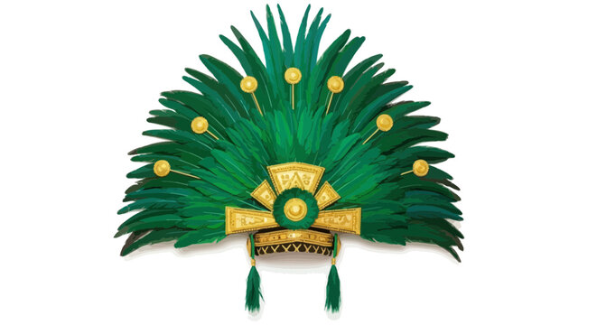 A stylized, ornate headdress with green plumes, gold accents, and geometric shapes