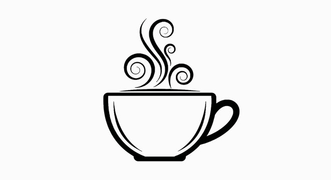 A black and white vector graphic of a teacup with steam rising in swirls