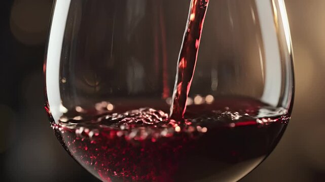 Close-up of rich red liquid cascading into a clear glass