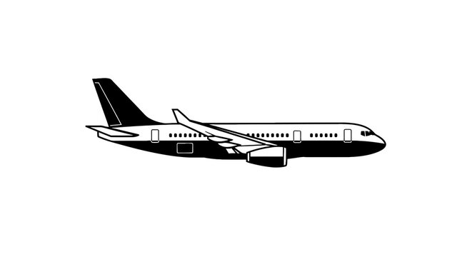 A black and white vector illustration of an airplane in side profile against a white backdrop