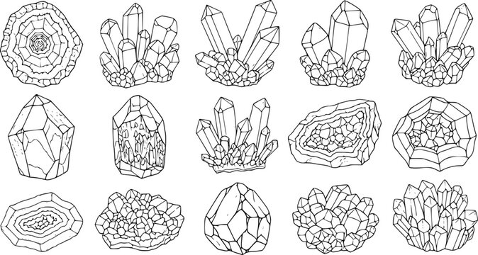 Collection of hand drawn crystal clusters and geological formations white background