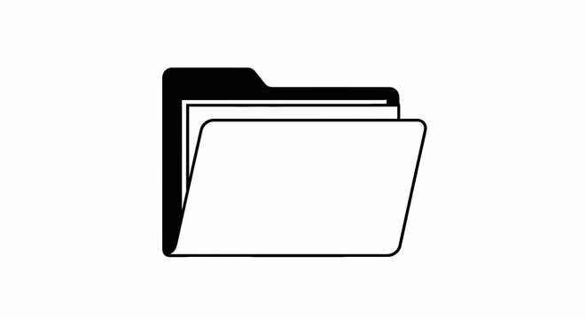 A vector illustration of an open file folder, outlined in black, with white pages