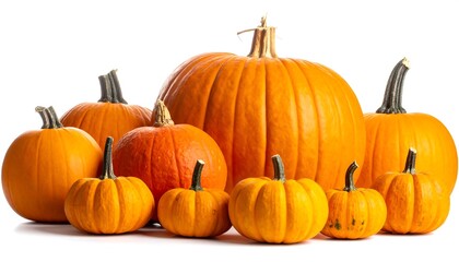 Obraz premium A group of various sized pumpkins against a clean, white background. Some have green stems, all are shades of orange