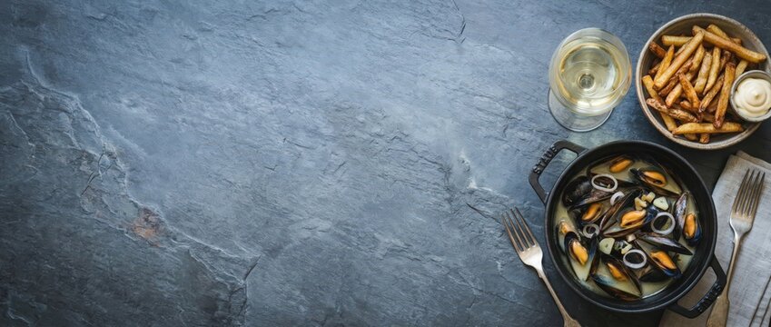 Moules frites, classic seafood meal, presenting steamed mussels, crispy french fries, and white wine on slate
