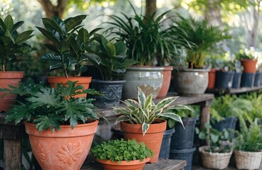 Fototapeta premium Plant Nursery Stall with Green Leaves and Outdoor Garden Mood: Close-up of plant stall with potted plants and green leaves, outdoor garden setting, soft sunlight, fresh and calming atmosphere