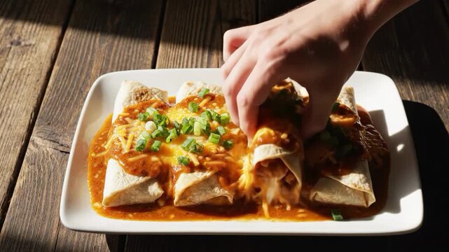 A plate of burritos covered in cheese and green onions on a wooden table
