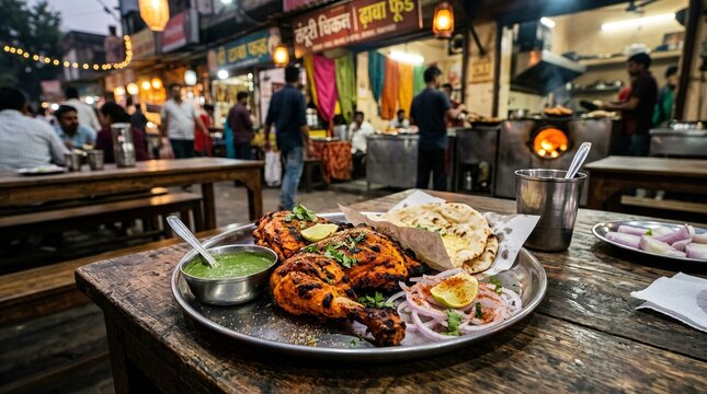 Delicious grilled chicken served with fresh naan and vibrant chutney at a bustling outdoor eatery.