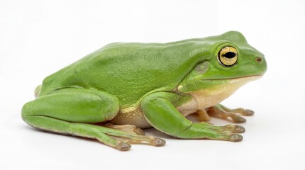 Obraz premium A vibrant green tree frog resting with its textured skin and distinctive yellow and black eyes