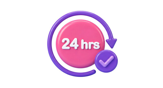 3D 24 hours support icon with check mark and circular arrow