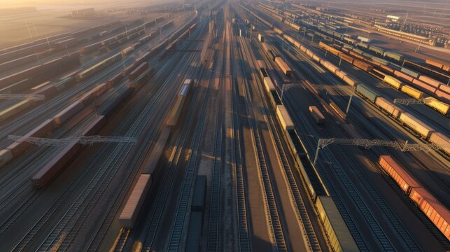 Aerial View of Train Yard at Sunset with Dynamic Motion Effect